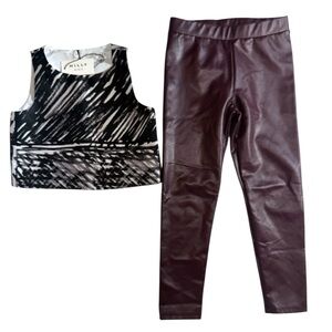 NWT Milly Minis Black & white abstract top & gap Burgundy faux leather pants 5
